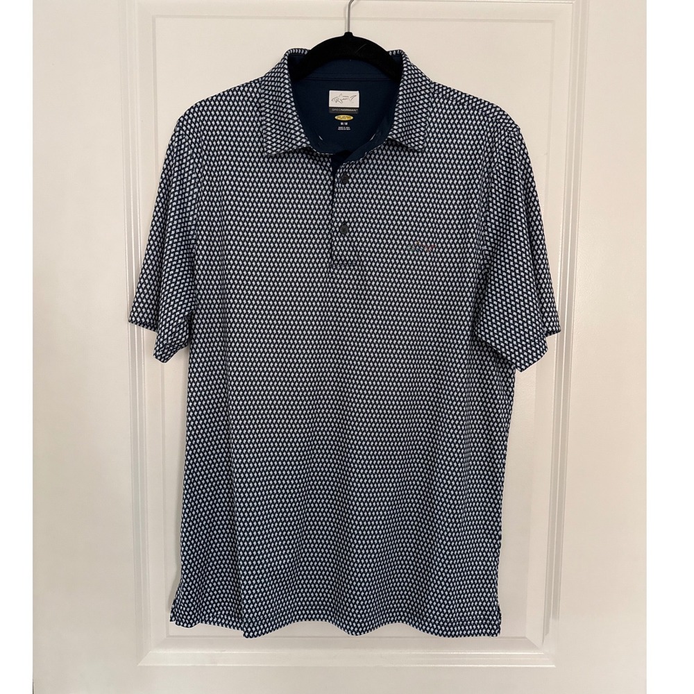 Greg Norman Navy Blue Polo Shirt Geometric Play Dry Performance Medium